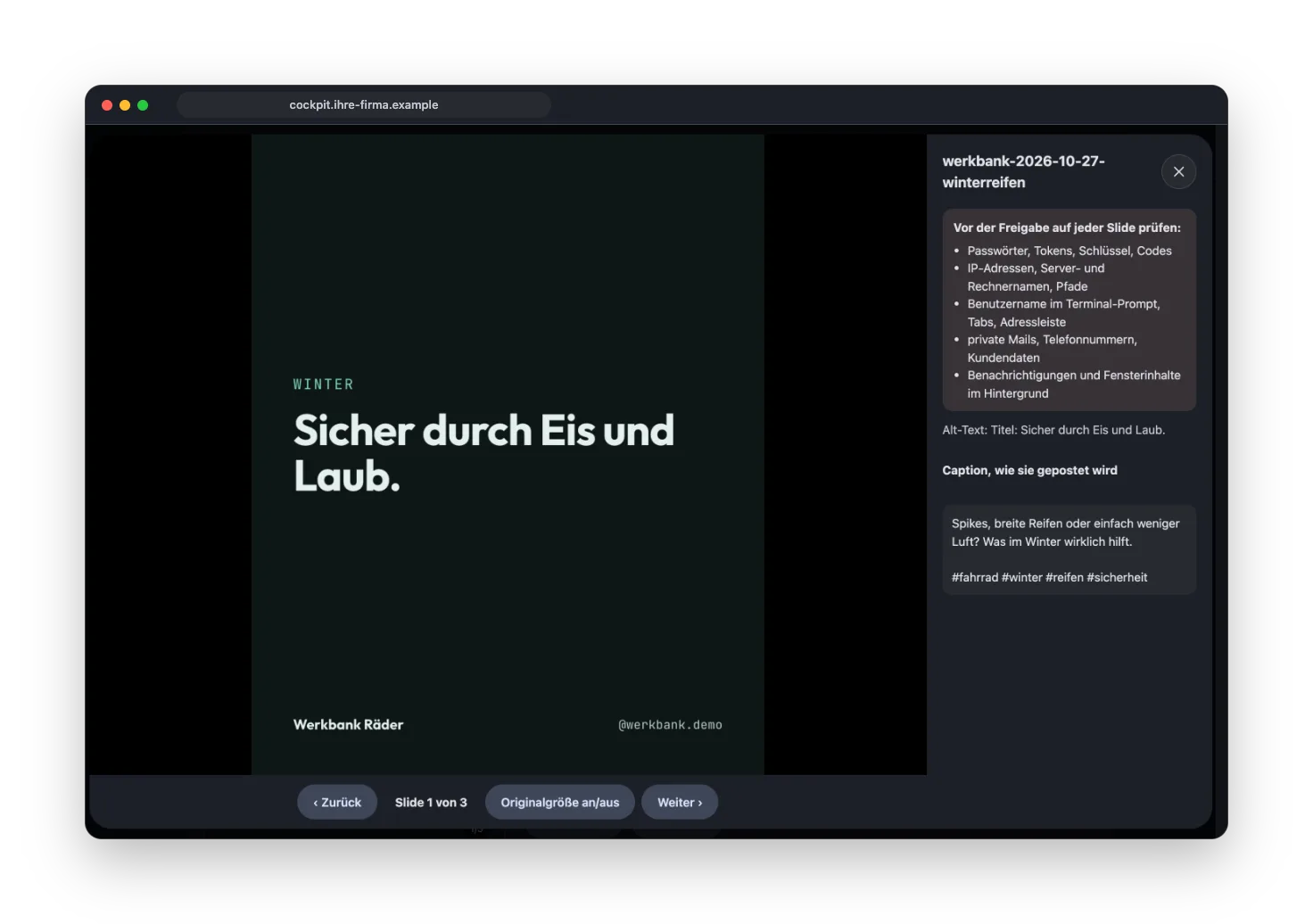 Prüfen: Automatische Prüfungen melden Verstöße gegen Plattformgrenzen und Markenregeln. Sie sehen jede Slide in voller Größe, so wie sie auf Instagram erscheint.